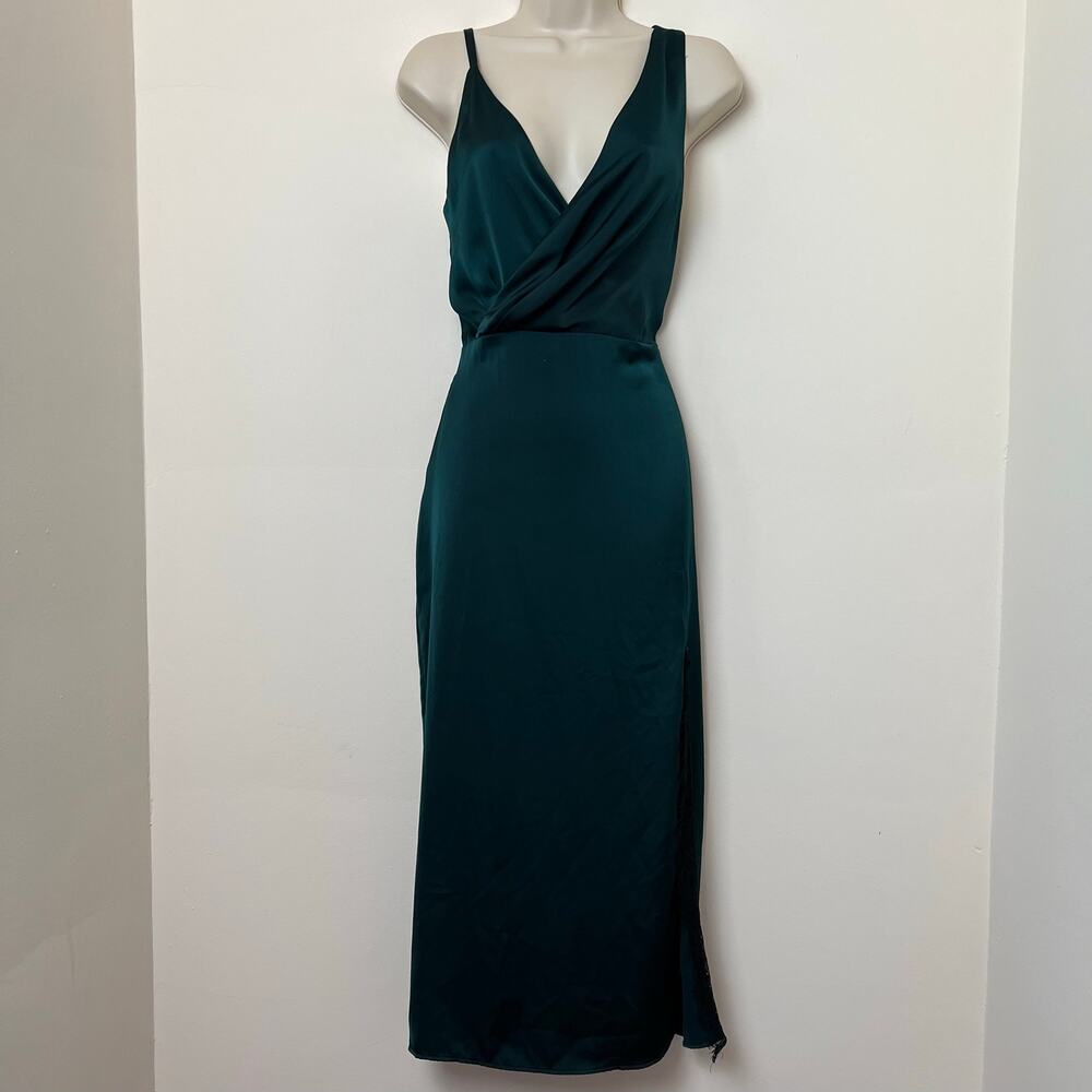 Zara Emerald Green Asymmetrical Surplice Lace Trim Satin Midi Dress Small